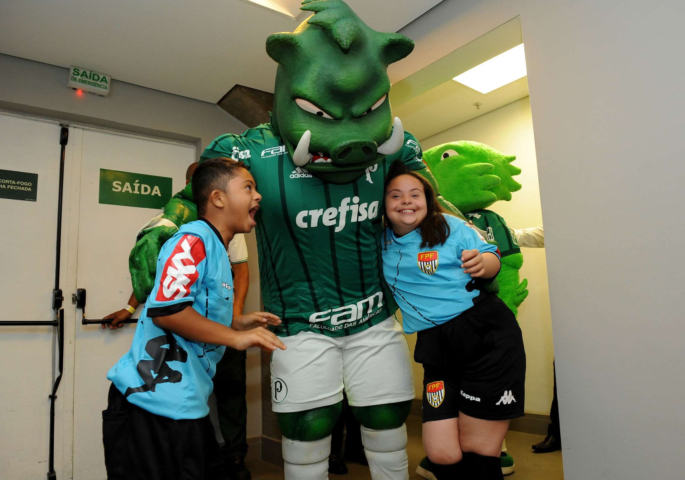 Crianças com Síndrome de Down se divertem com mascote do Palmeiras (Rodrigo Corsi/FPF)