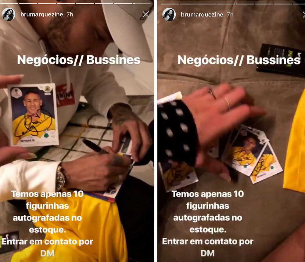 Neymar autografa figurinhas repetidas que Bruna Marquezine recebeu da Panini (Reprodução)