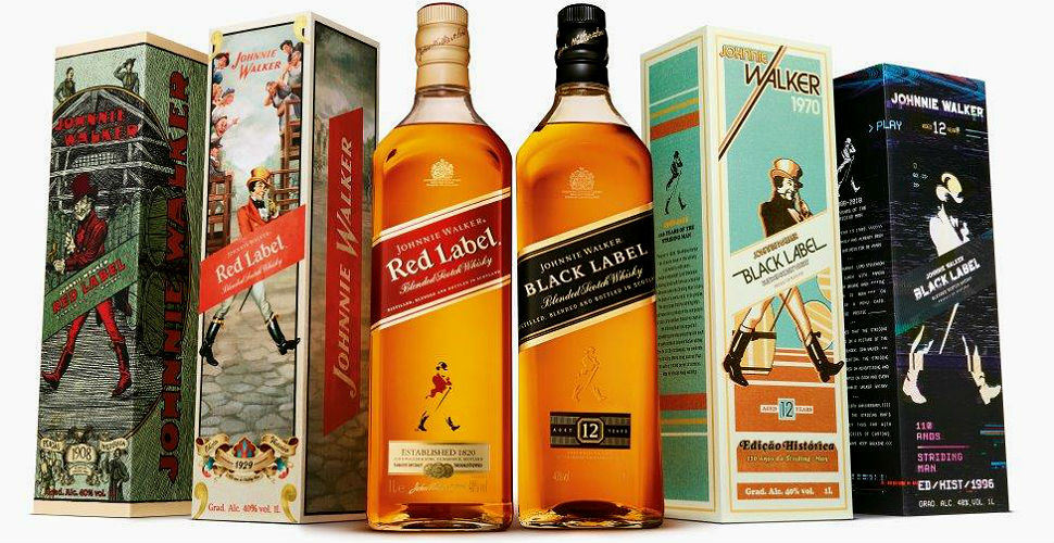 Garrafas e embalagens comemorativas de Johnnie Walker (Divulgação)